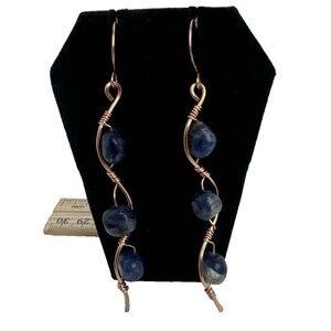 Copper Waves Dangle Earrings  With Blue Soda Lite Beads French Hook Handmade